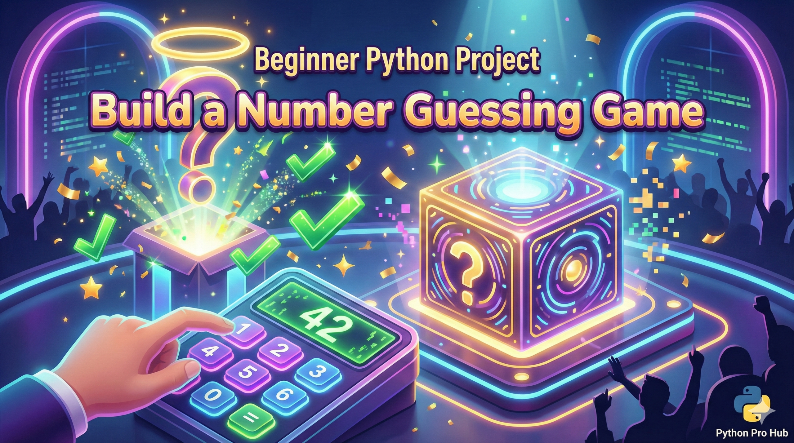 3D illustration of a mystery box and keypad representing a Python Number Guessing Game project.