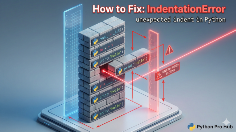 3D visualization of Python code blocks with one block misaligned causing an IndentationError.