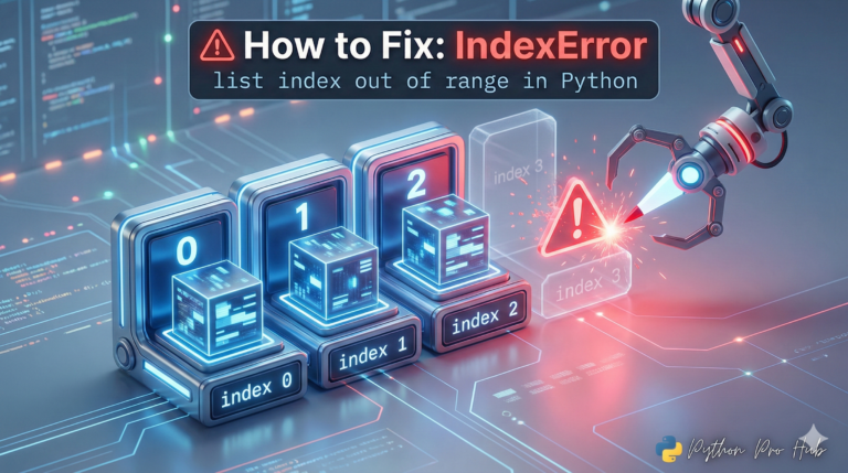 3D visualization of a list index out of range error in Python showing a pointer missing the available list slots.