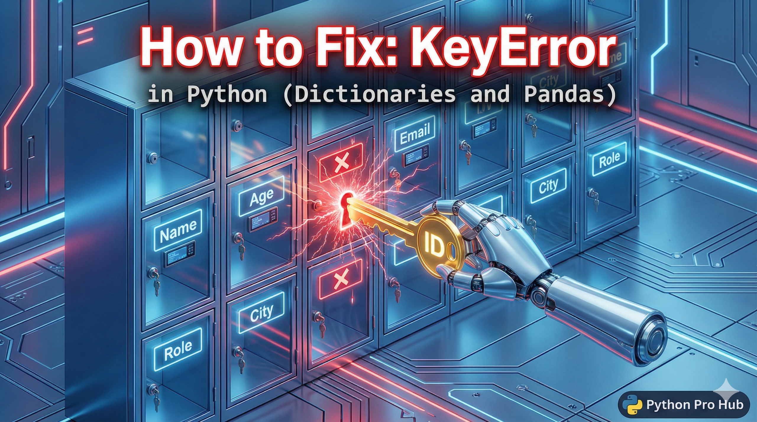 3D visualization of a KeyError showing a specific key failing to open a mismatched dictionary locker.