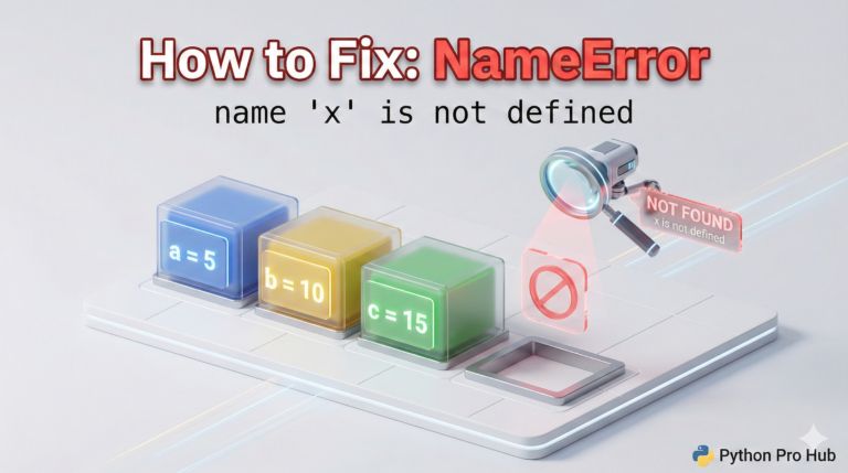 3D visualization of a missing variable block labeled 'x' causing a NameError in Python.