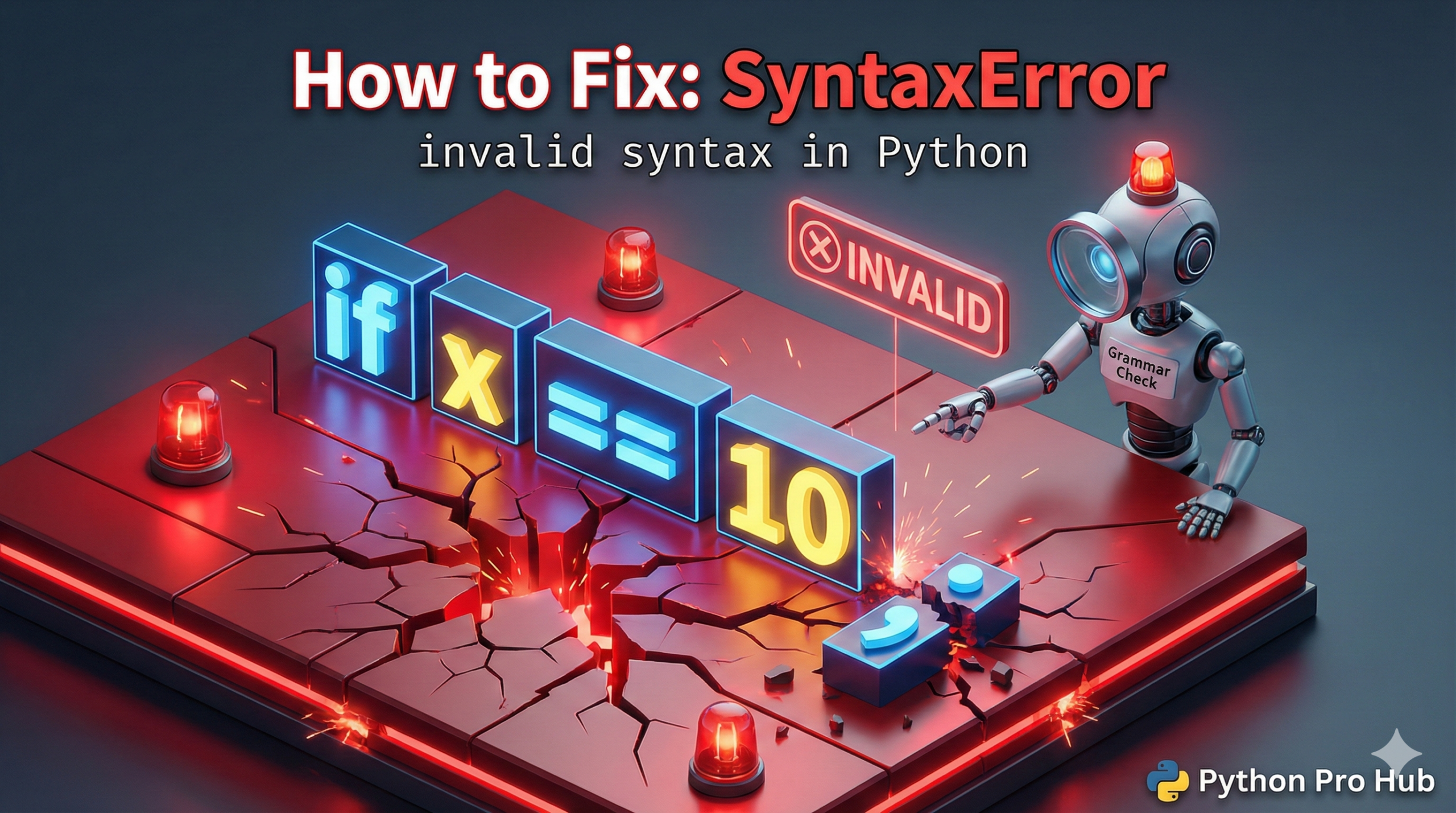 3D illustration of a broken code structure due to a missing punctuation mark, representing a Python SyntaxError: invalid syntax.
