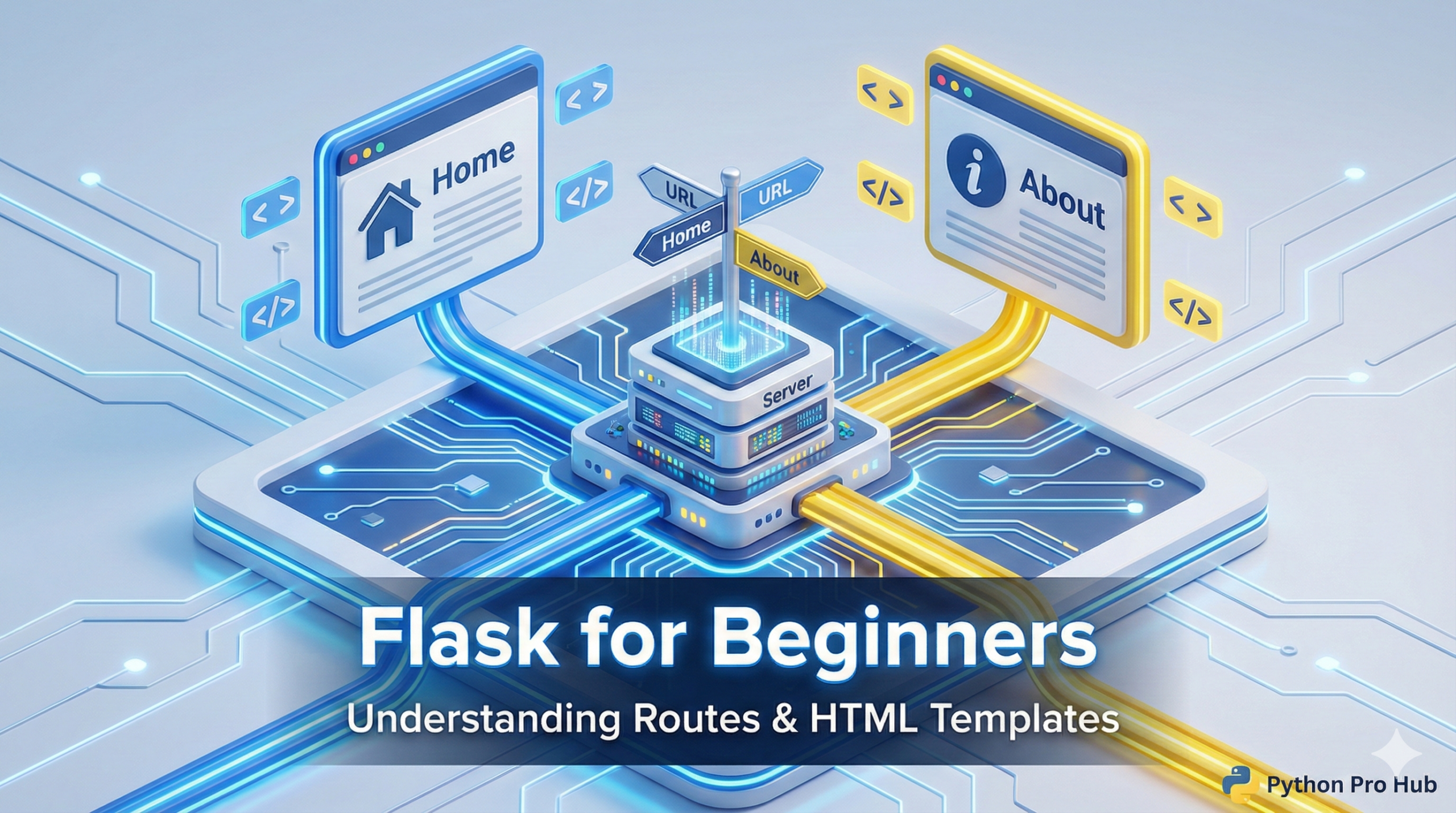 3D isometric illustration of Flask web routes connecting a server to different HTML template pages.