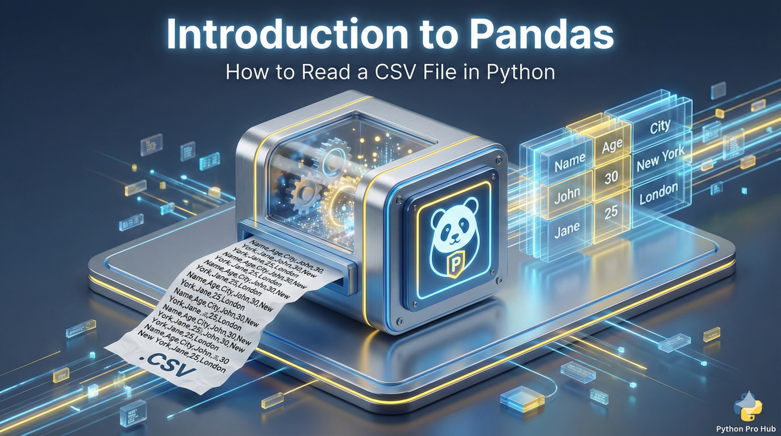 3D visualization of the Pandas library transforming a raw CSV file into a structured DataFrame.
