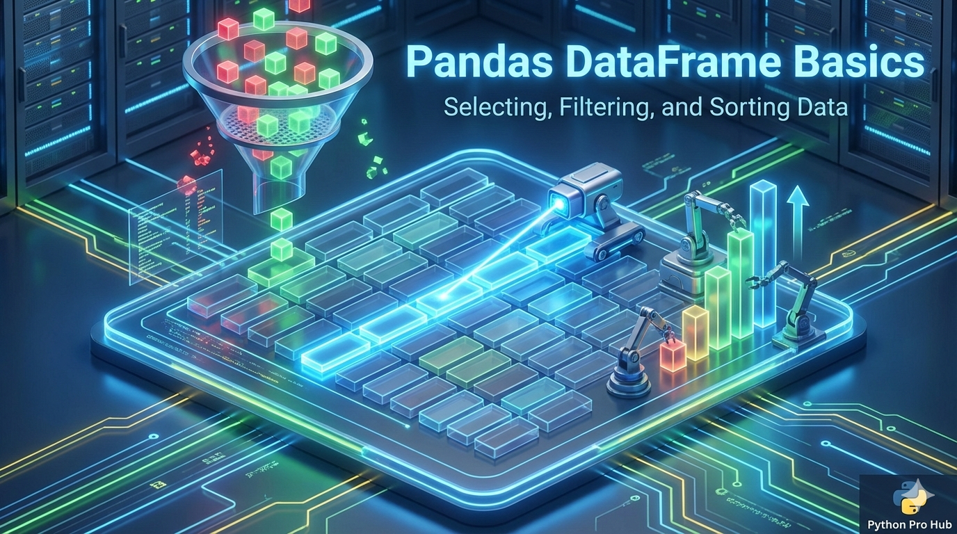 3D isometric visualization of a Pandas DataFrame showing data selection, filtering through a funnel, and sorting bars by height.