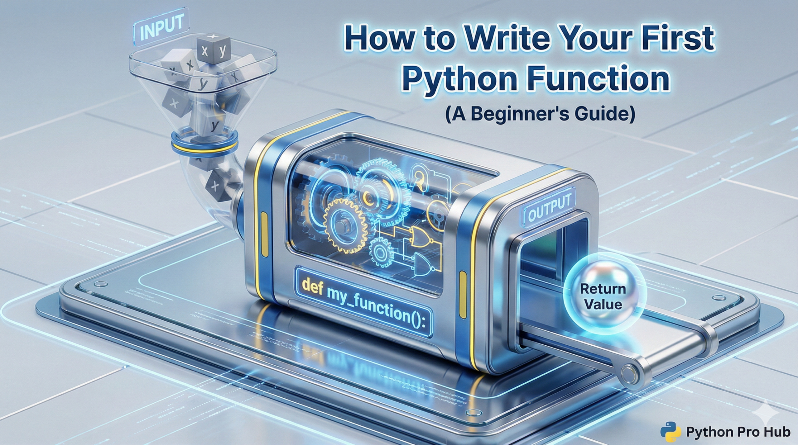 3D isometric illustration of a function machine processing input arguments and producing a return value.