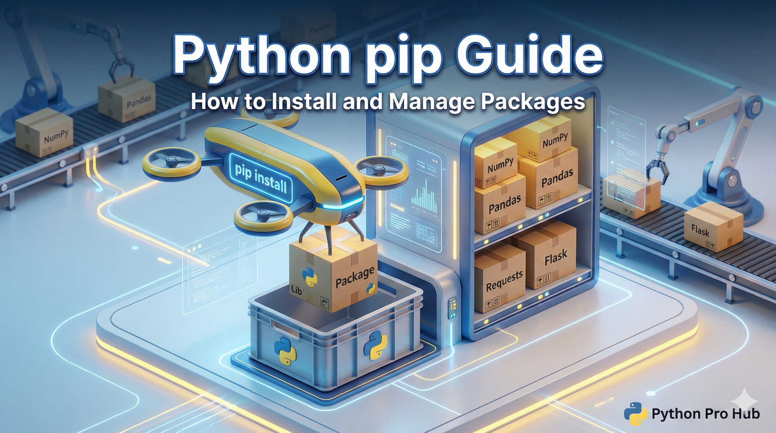 3D visualization of a drone delivering a software package, representing Python's pip package manager.