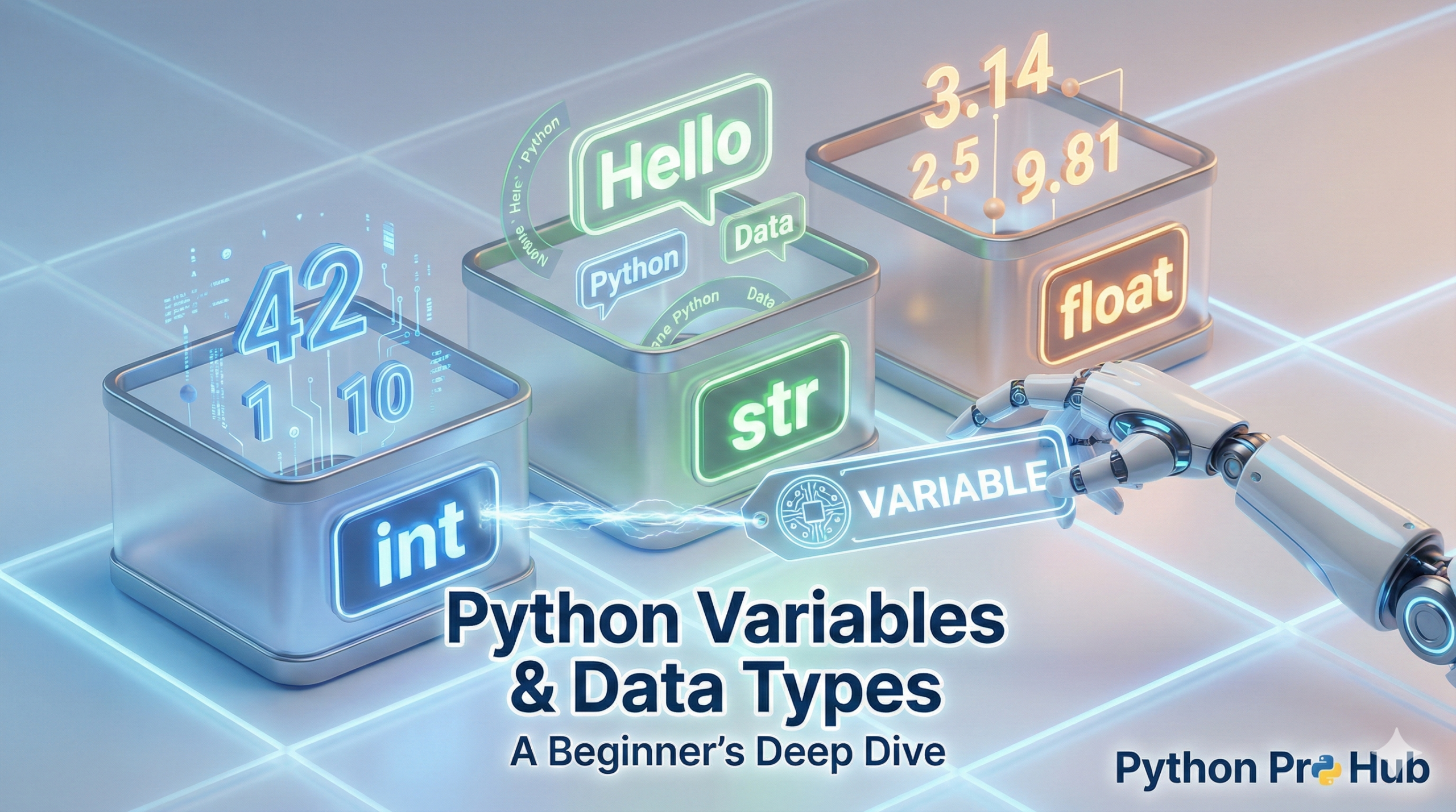 3D illustration of sorting containers representing Python Variables and Data Types like integers, strings, and floats.