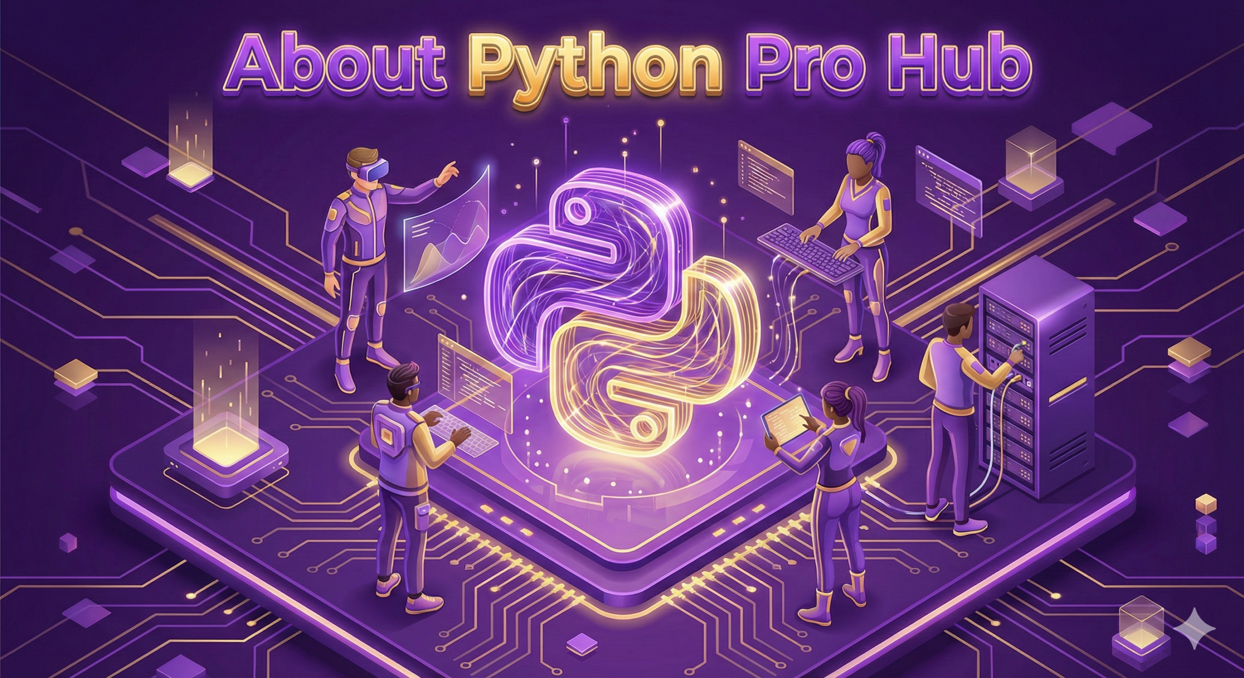 isometric illustration featuring developers working around a glowing About Python Pro Hub logo in a purple futuristic tech setting.