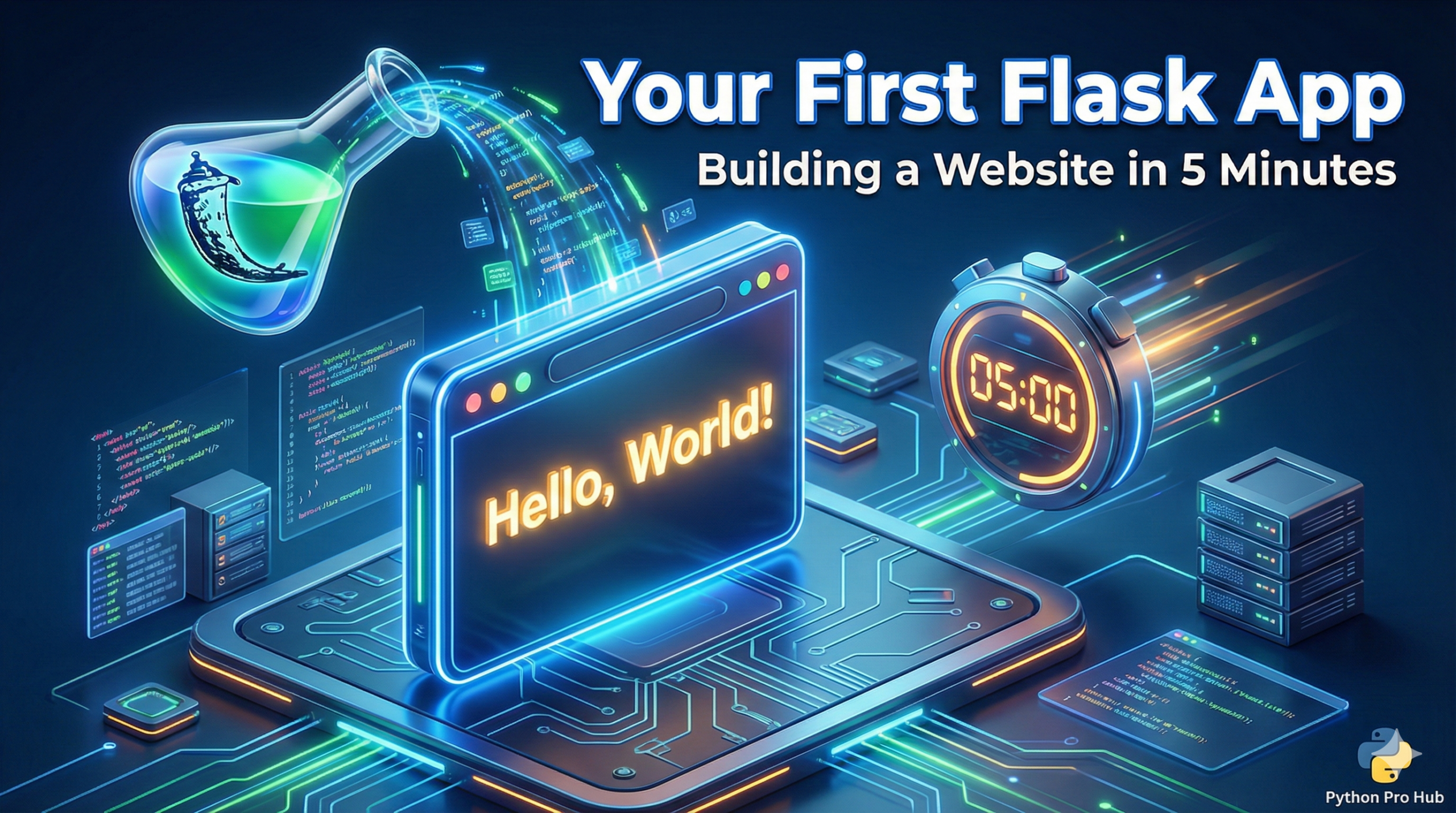 3D isometric illustration of a Flask chemistry icon powering a Hello World website with a 5-minute timer.