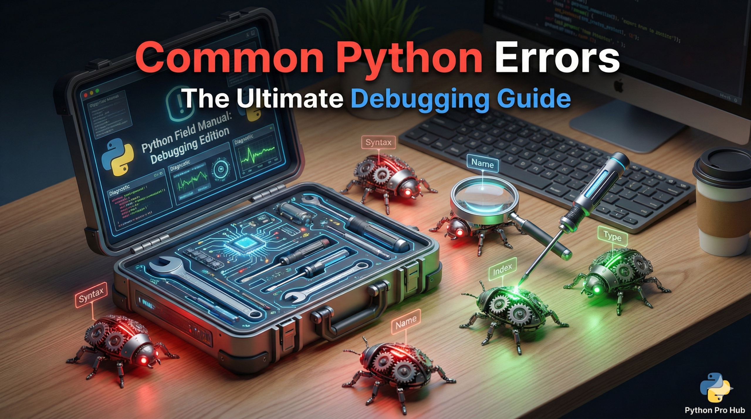 3D isometric illustration of a debugging toolkit fixing mechanical bugs labeled with Python error names like Syntax and Type errors.