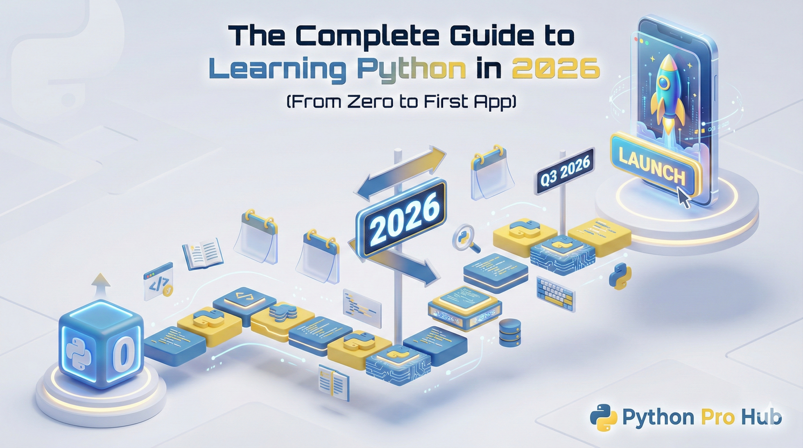 3D isometric roadmap showing the path from zero to building a first app for the Complete Guide to Learning Python in 2026.