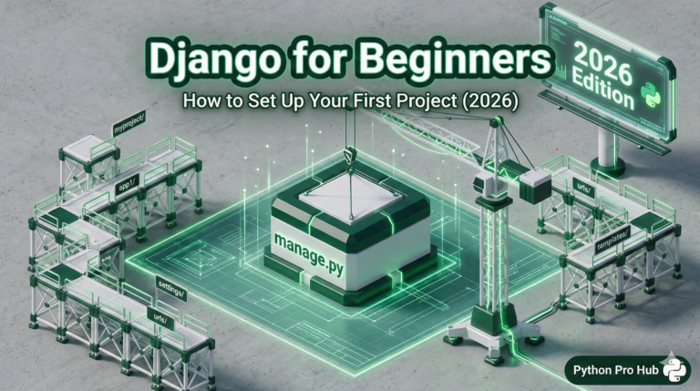 3D isometric illustration of a construction crane laying the foundation for a Django project, representing the 2026 setup guide.