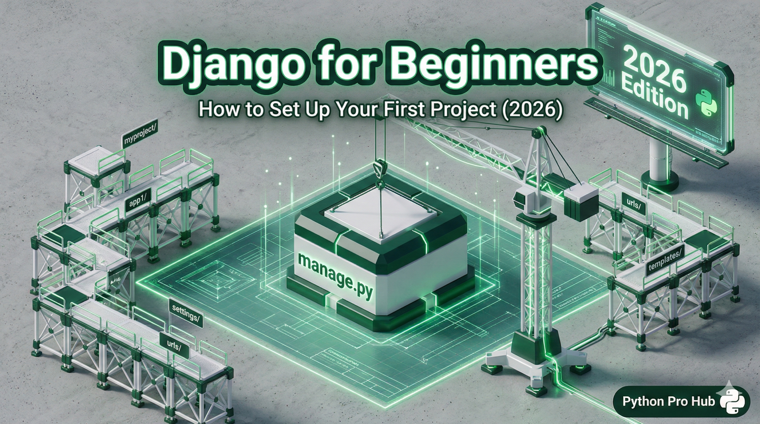 3D isometric illustration of a construction crane laying the foundation for a Django project, representing the 2026 setup guide.