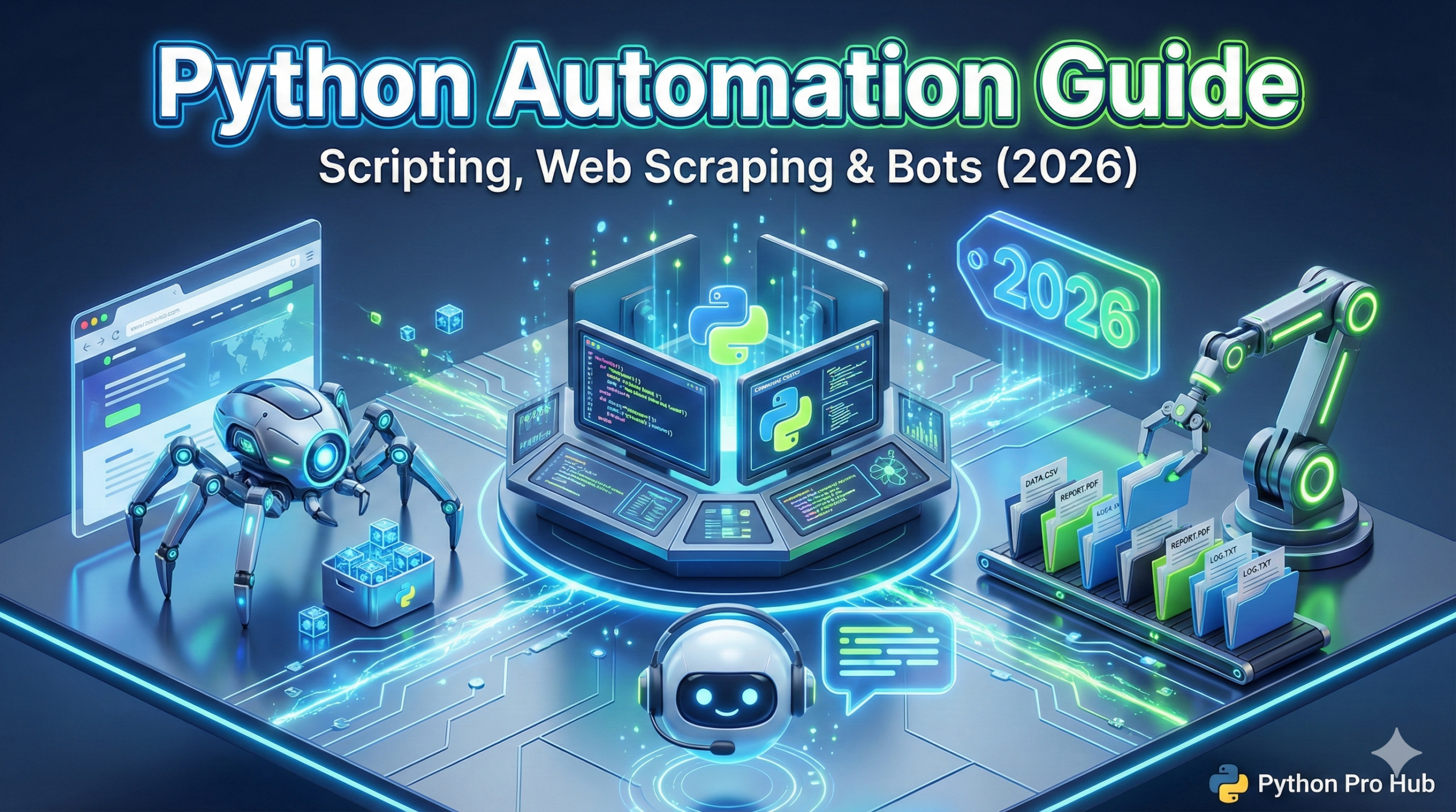 3D isometric illustration of Python automation tools including a web scraping spider, a file-sorting robot, and a chatbot.