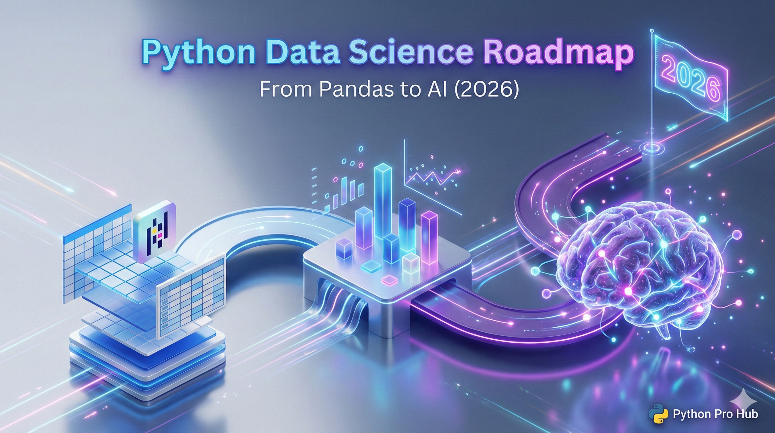 3D isometric roadmap showing the evolution from Pandas dataframes to AI neural networks for the 2026 guide.
