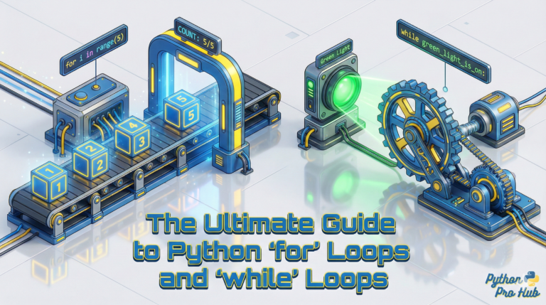 3D isometric visualization of Python loops, showing a conveyor belt for 'for loops' and a spinning gear for 'while loops'.