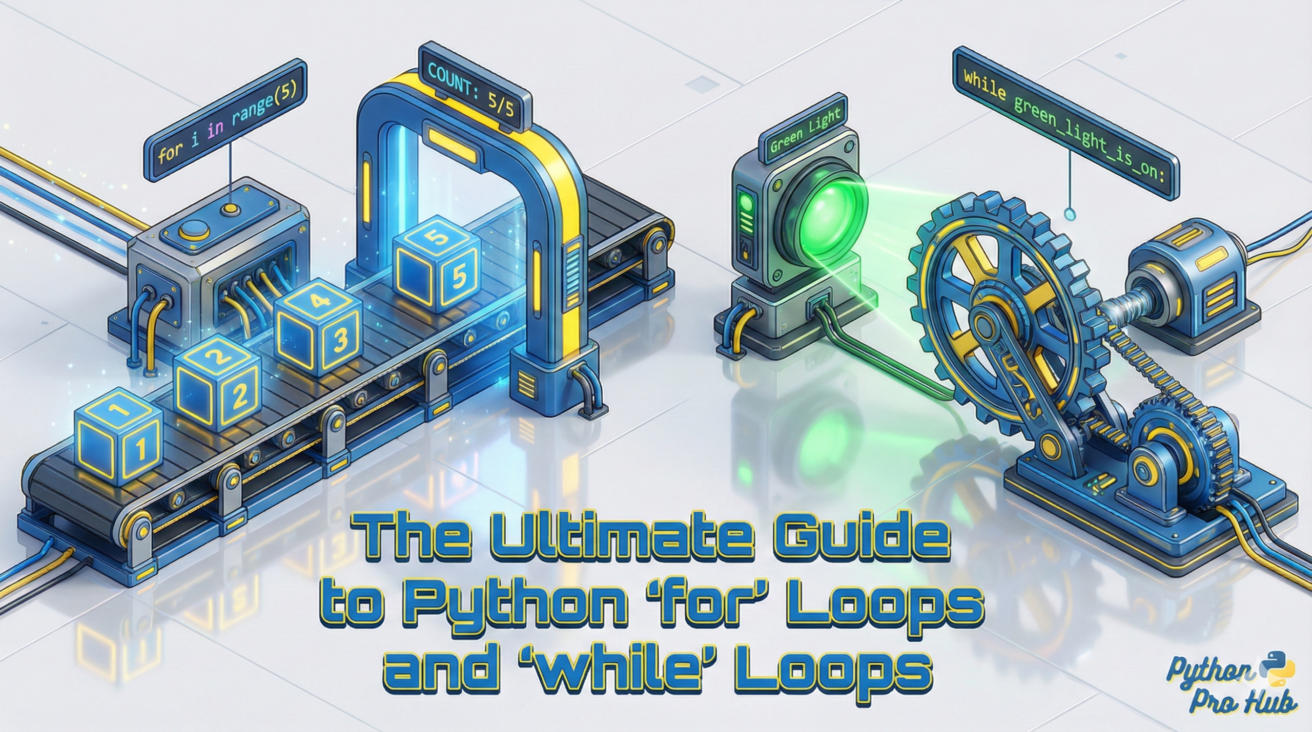 3D isometric visualization of Python loops, showing a conveyor belt for 'for loops' and a spinning gear for 'while loops'.