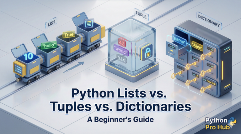 3D comparison of Python data structures: an open list train, a sealed tuple block, and a dictionary filing cabinet.