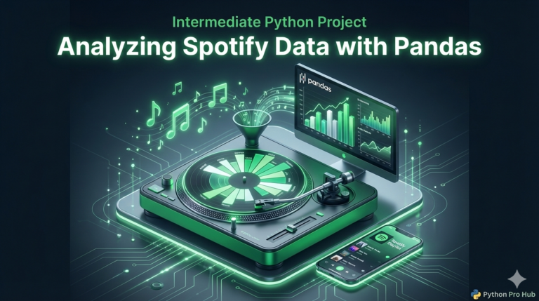 3D illustration of music notes transforming into data charts on a turntable, representing Spotify data analysis.