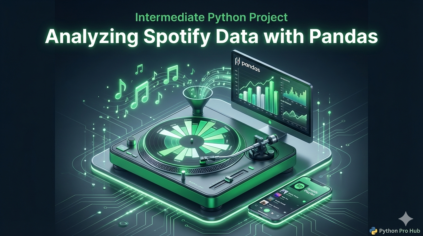 3D illustration of music notes transforming into data charts on a turntable, representing Spotify data analysis.