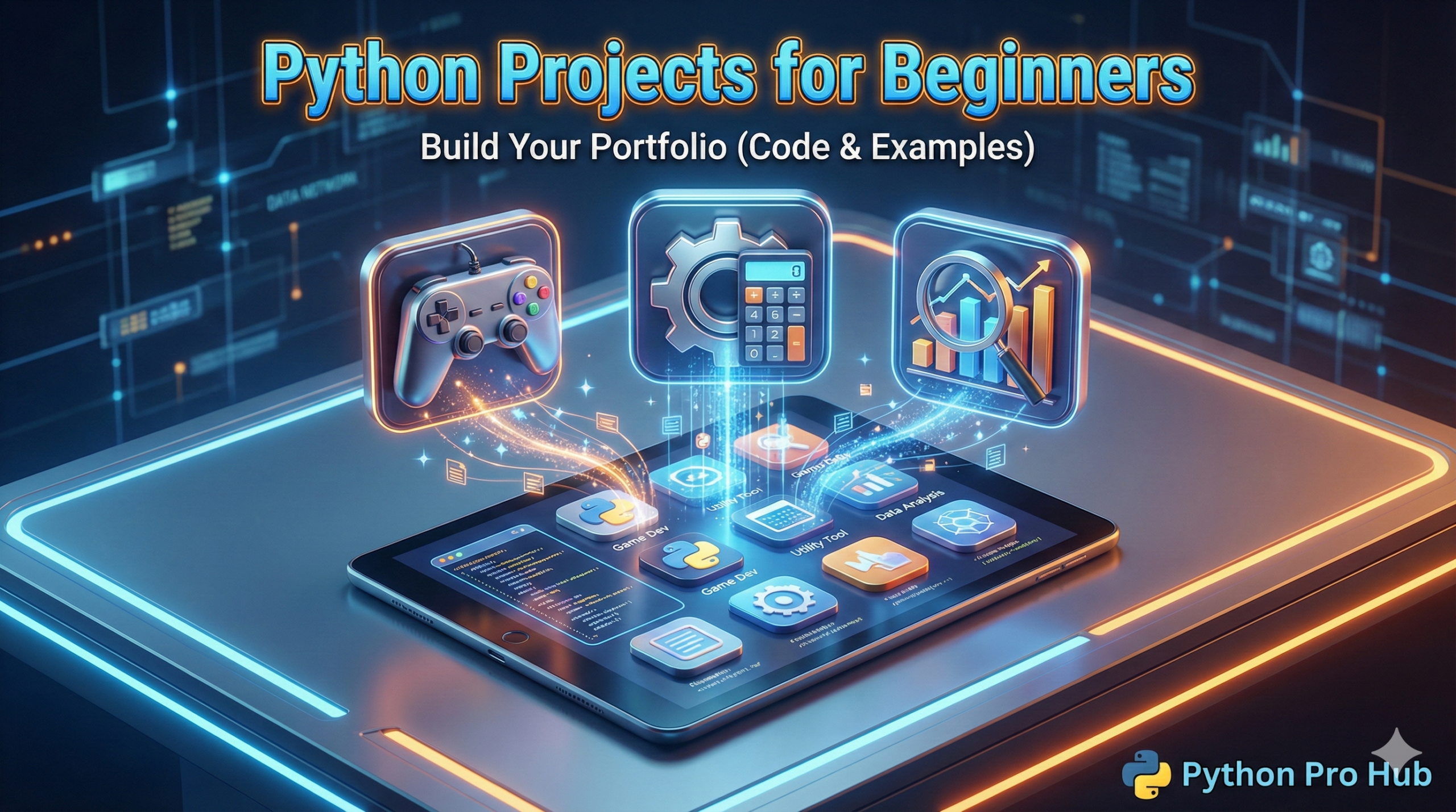 3D isometric illustration of a developer portfolio collecting beginner Python projects like a game, calculator, and data tool.