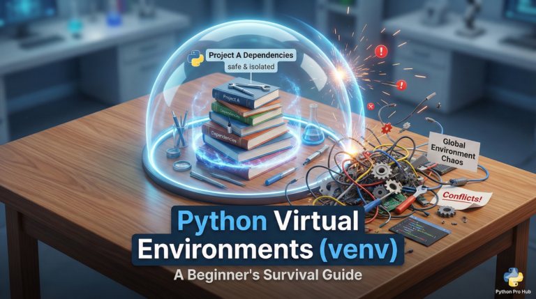 3D isometric visualization of a Python virtual environment represented as a protective glass dome isolating project dependencies.