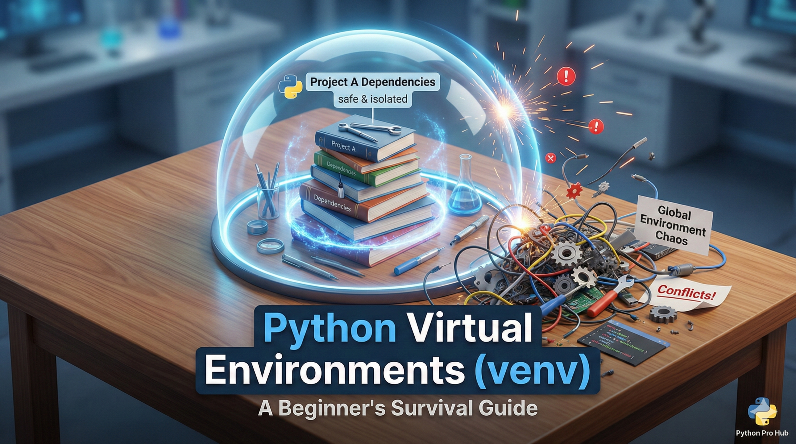 3D isometric visualization of a Python virtual environment represented as a protective glass dome isolating project dependencies.