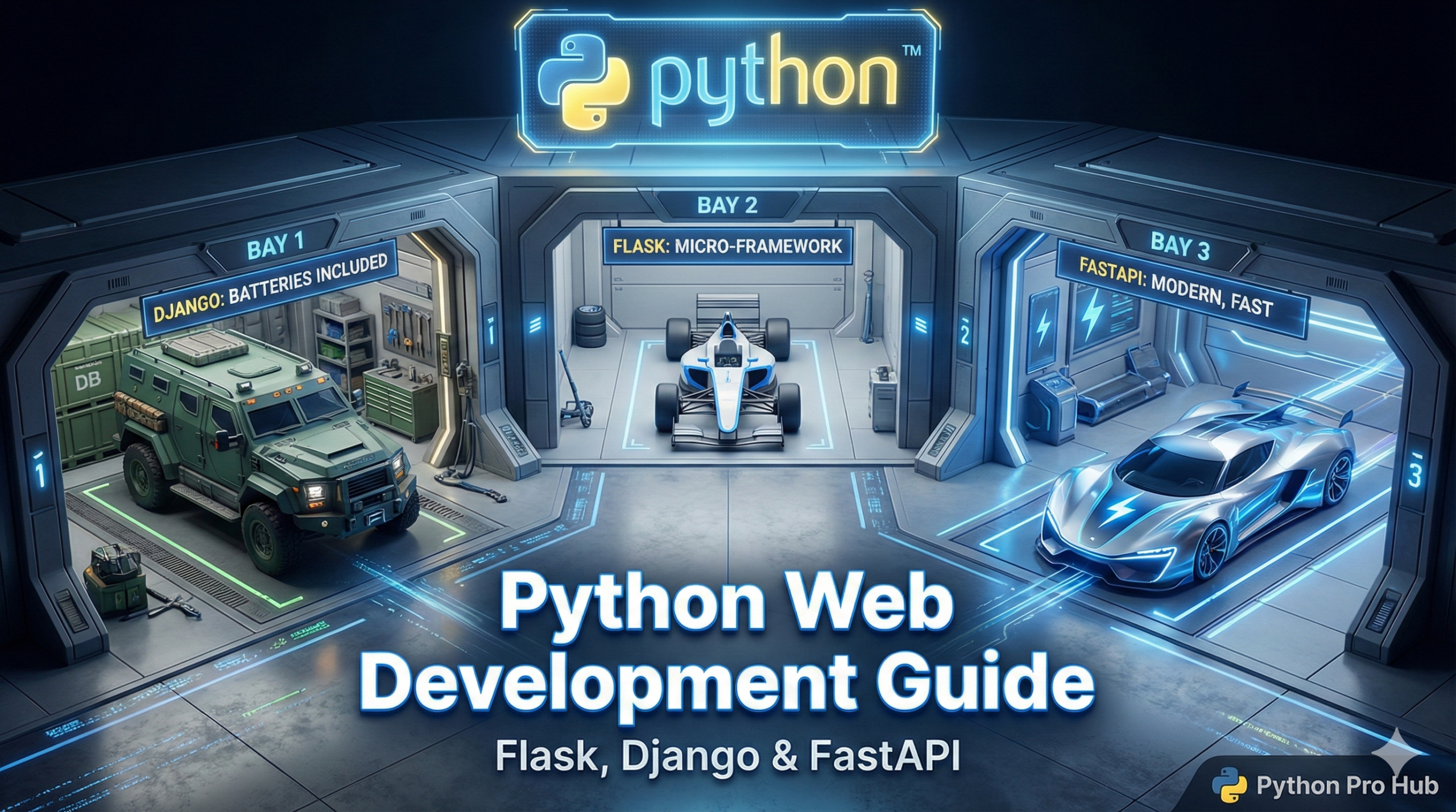 3D isometric garage showcasing three vehicles representing Django, Flask, and FastAPI web frameworks.