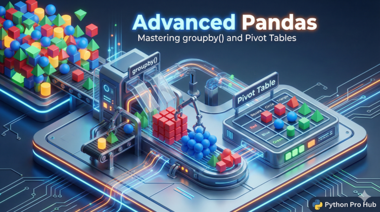 3D visualization of a machine sorting and arranging colored blocks into groups and grids, representing Pandas groupby and pivot tables.