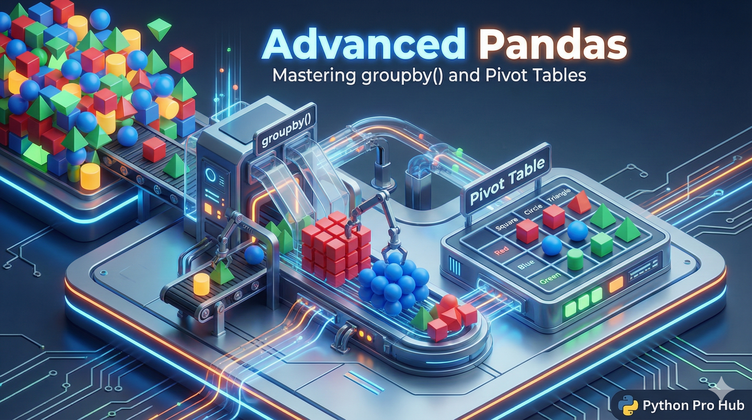3D visualization of a machine sorting and arranging colored blocks into groups and grids, representing Pandas groupby and pivot tables.