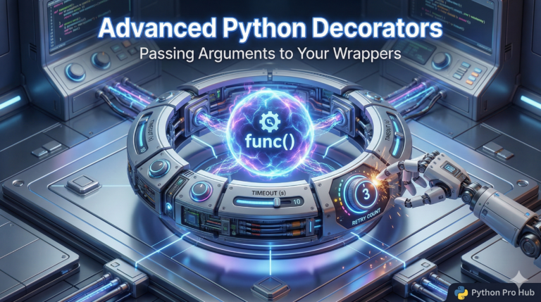 3D illustration of a function wrapper with adjustable control dials, representing passing arguments to Python decorators.