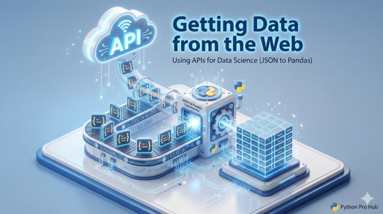 3D isometric illustration of JSON data blocks from an APIs for Data Science cloud being converted into a Pandas DataFrame grid.