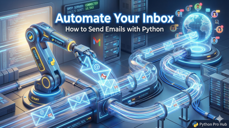 3D visualization of a robotic arm sending high-speed emails through a digital tube, representing Python email automation.