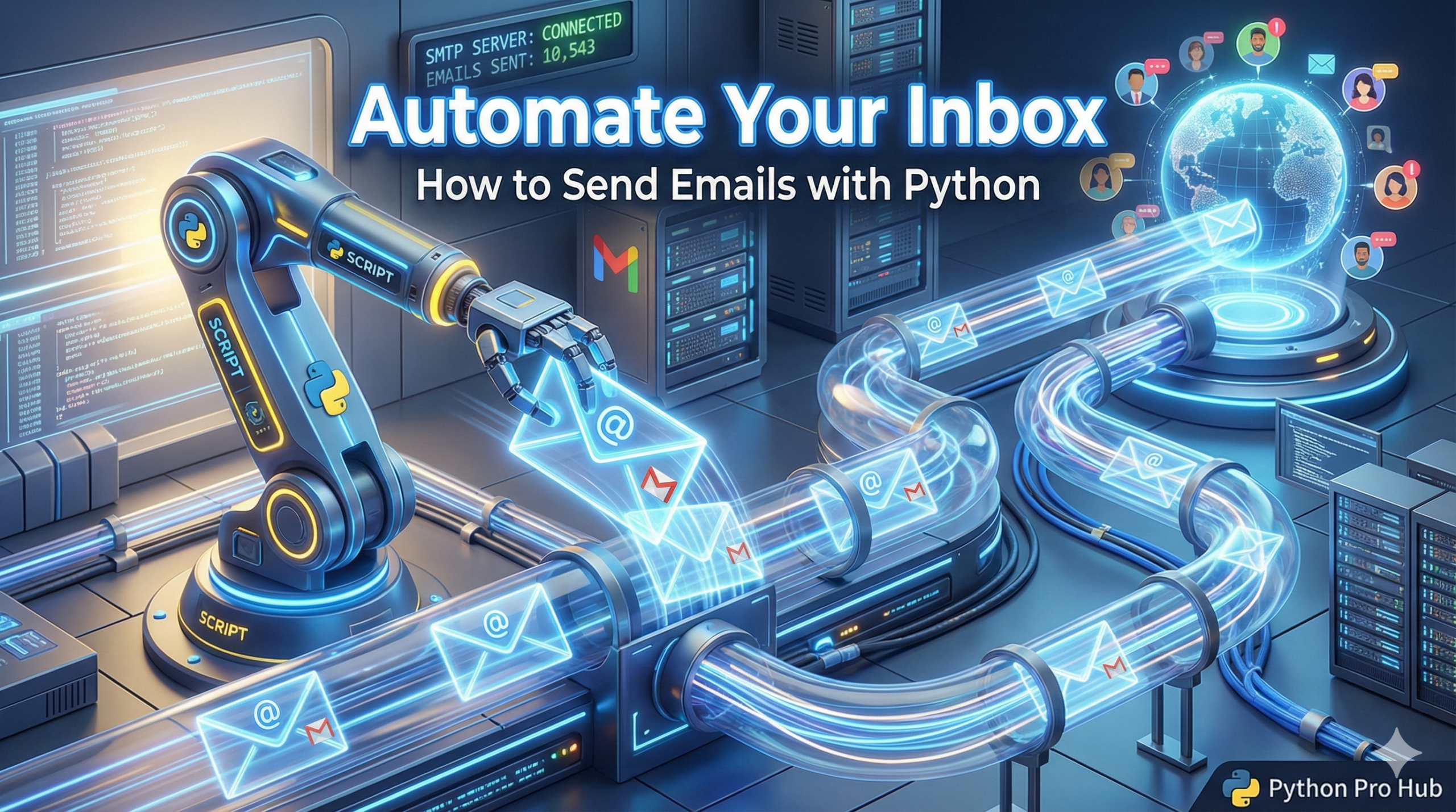 3D visualization of a robotic arm sending high-speed emails through a digital tube, representing Python email automation.
