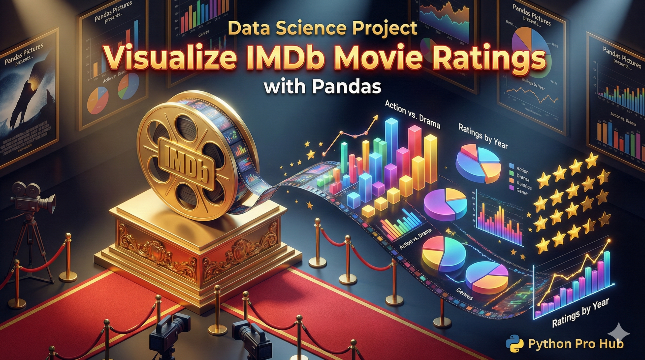 3D visualization of a film reel transforming into data charts and star ratings, representing an IMDb data analysis project.