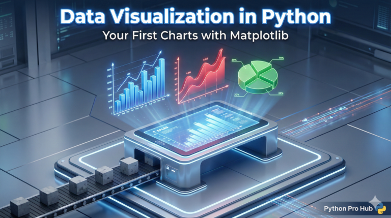 3D isometric illustration of raw data converting into vibrant 3D bar, line, and pie charts using Matplotlib.