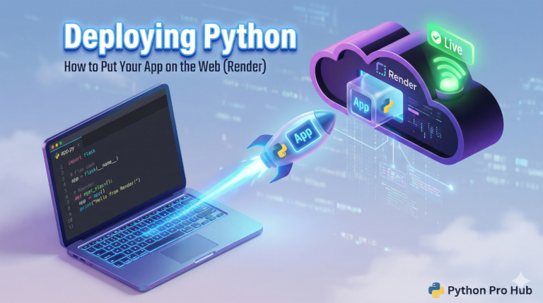 3D isometric illustration of a Python app launching from a laptop to a cloud server, representing deployment on Render.