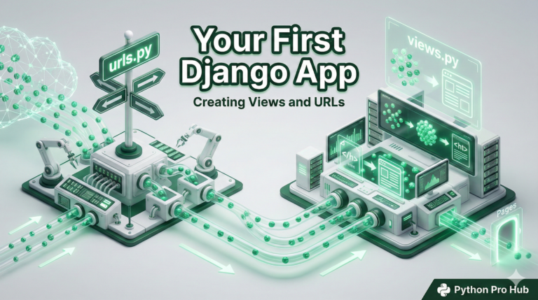 3D isometric diagram of Django architecture showing the connection between URLs and Views in a web application.