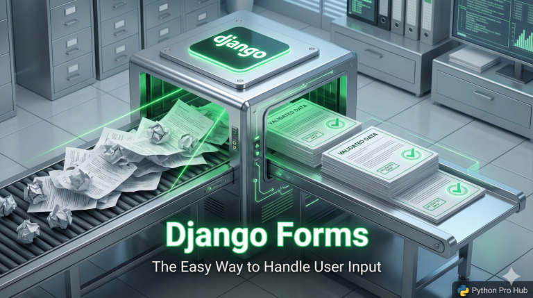 3D visualization of a Django machine transforming messy user input into validated, organized forms.