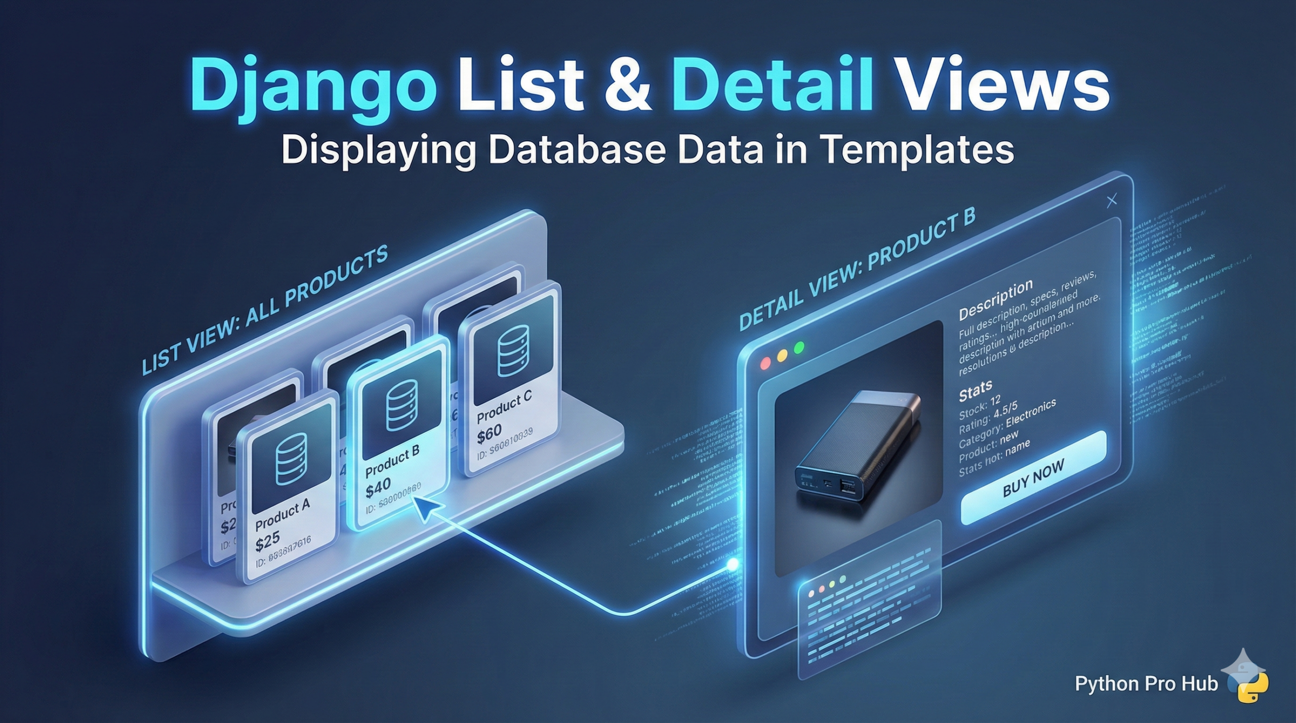 3D isometric illustration of a product list expanding into a detailed view, representing Django's generic views.