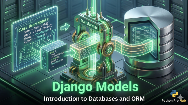 3D visualization of Django Python code transforming into database tables through an ORM bridge.