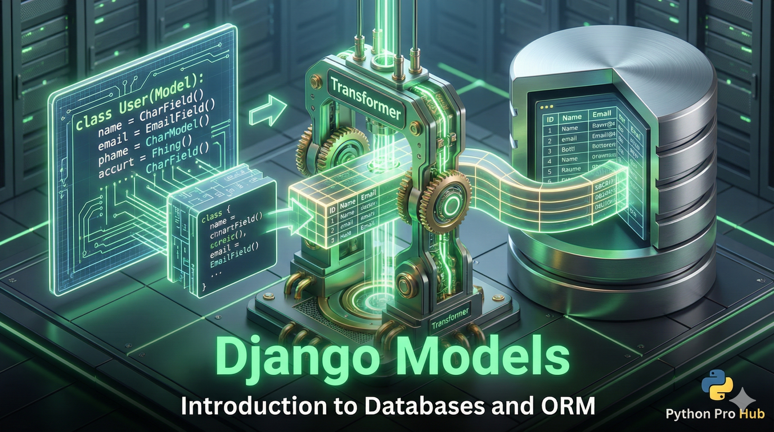 3D visualization of Django Python code transforming into database tables through an ORM bridge.