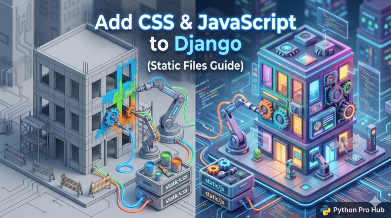3D isometric illustration of a plain HTML building being painted and animated using files from a 'static' folder.