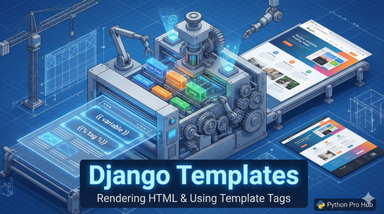 3D isometric illustration of a Django template machine filling placeholders with data to render a final HTML page.