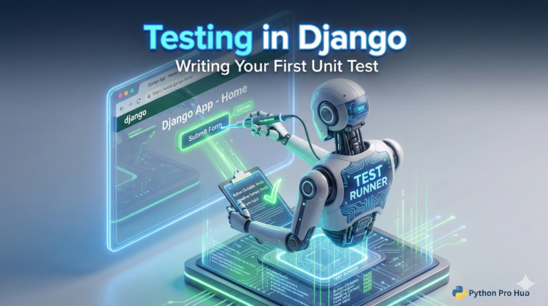 3D isometric illustration of a robot inspector checking a Django web page, representing unit testing.
