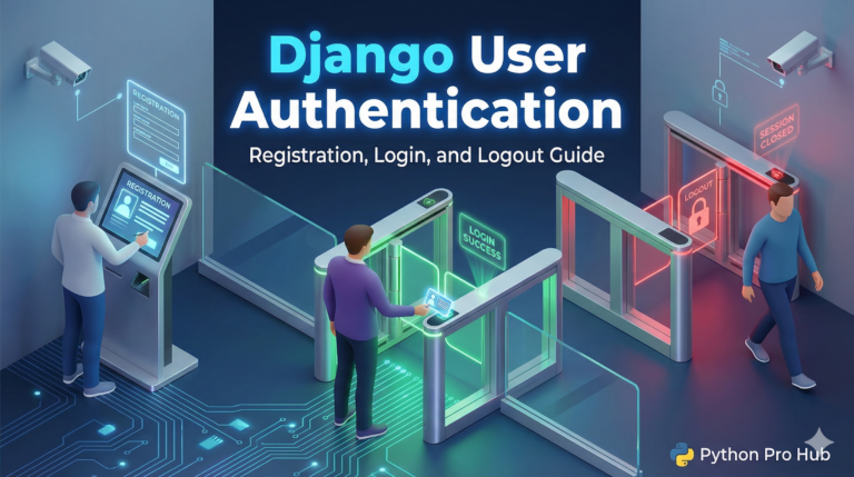 3D isometric illustration of users registering, logging in, and logging out at a secure digital gate, representing Django authentication.