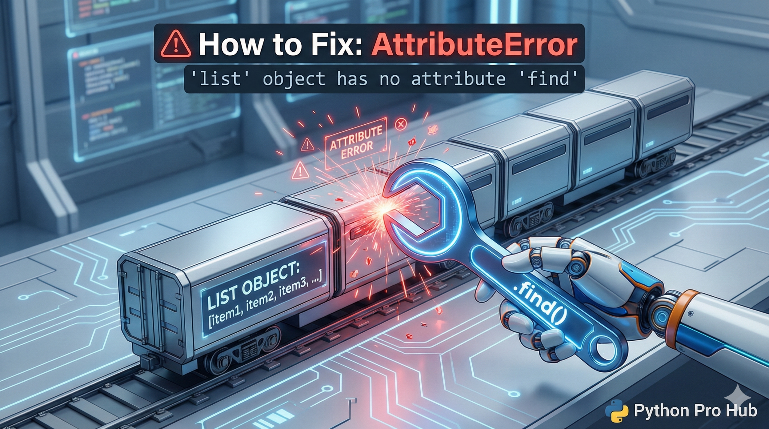 3D illustration of a robot trying to use a string tool on a list container, representing an AttributeError.