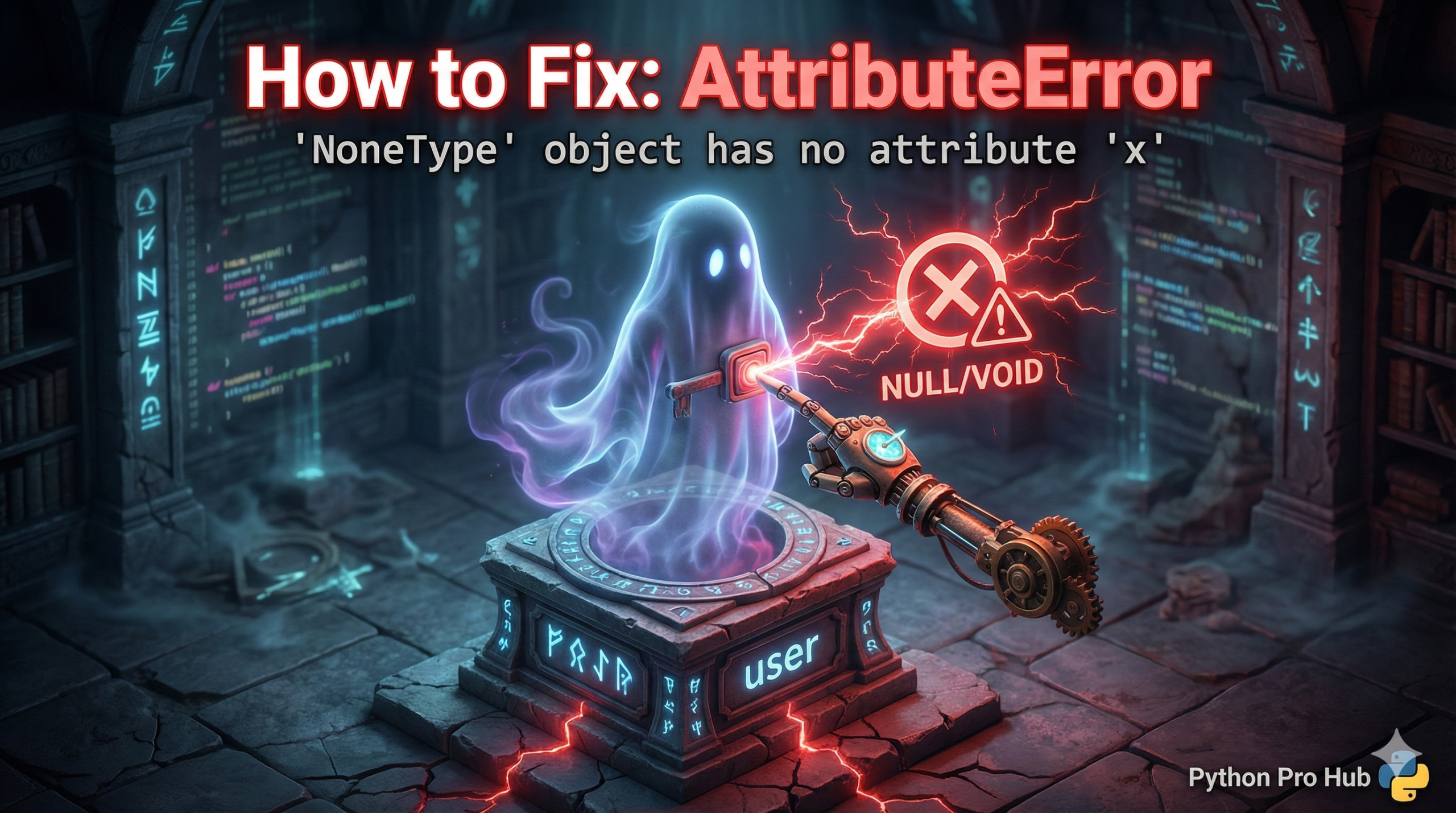 3D illustration of an attempt to access an attribute on a non-existent 'ghost' object, representing a NoneType AttributeError.