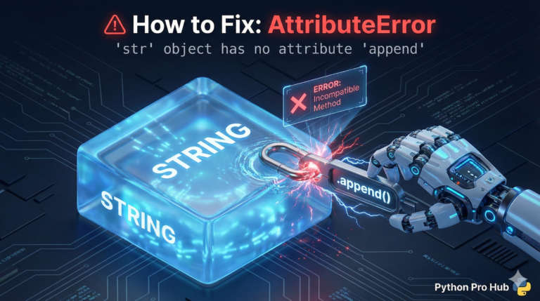 3D illustration of a robot trying to use a list tool on a string block, representing the 'str object has no attribute' error.